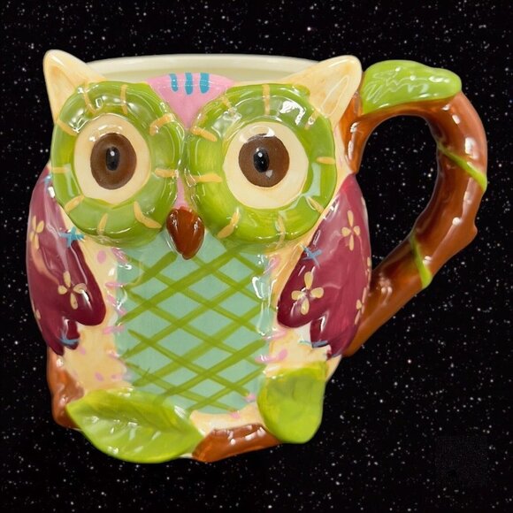 Pier 1 Ceramic Large Owl Coffee Cup Mug Multicolor Bird Whimsical 4.5”T 6”Wide - Picture 11 of 11